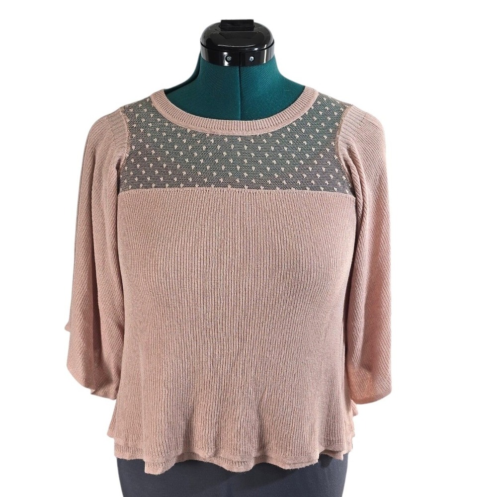 Anna Cai Top Womens XS Pink Viscose Ribbed Knit Mesh Yoke Bell Sleeve Boho Chic